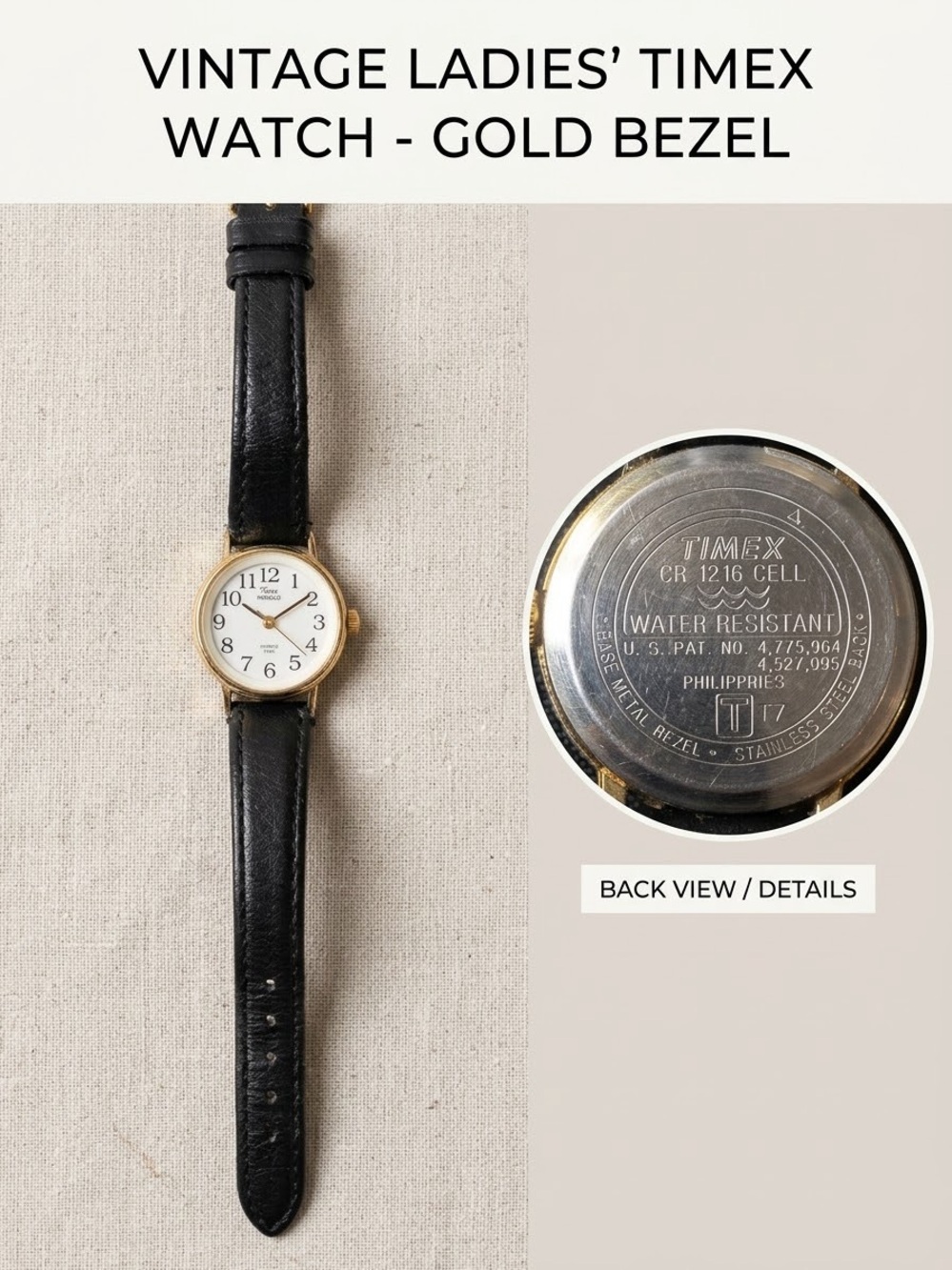 Vintage Ladies Timex Indiglo Easy Read Watch Gold Bezel + Black Leather Strap